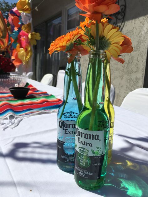 Centerpiece Cantarito Centerpiece, Mexican Birthday Parties, Brat Summer, Ideas Cumpleaños, Bottle Centerpieces, Mexican Birthday, Mexican Party Theme, Taco Party, Mexican Flags