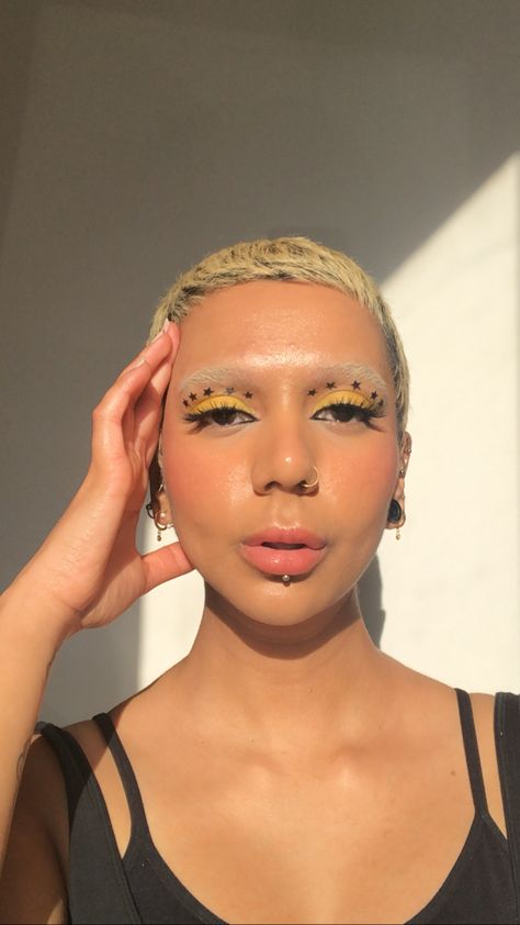 Yellow eyeshadow and star eyeliner ✨ I used @thebodyshopuk star stamp liner. Star Stamp Eyeliner, Star Eyeliner Stamp, Star Stamp Makeup, Cloud Eyeliner, Yellow Eyeliner, Star Eyeliner, Star Eyeshadow, Stamp Eyeliner, Concert Makeup