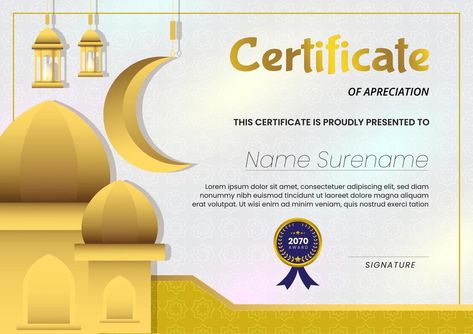 Certificate with Mosque Background and white Gold Color Islamic Pattern Suitable for Ramadan Concept Template Islamic Certificate, Lantern Islamic, Mosque Background, Arabic Lamp, Arabic Lantern, Lantern Ramadan, Islamic Lantern, Free Certificate Templates, Certificate Background