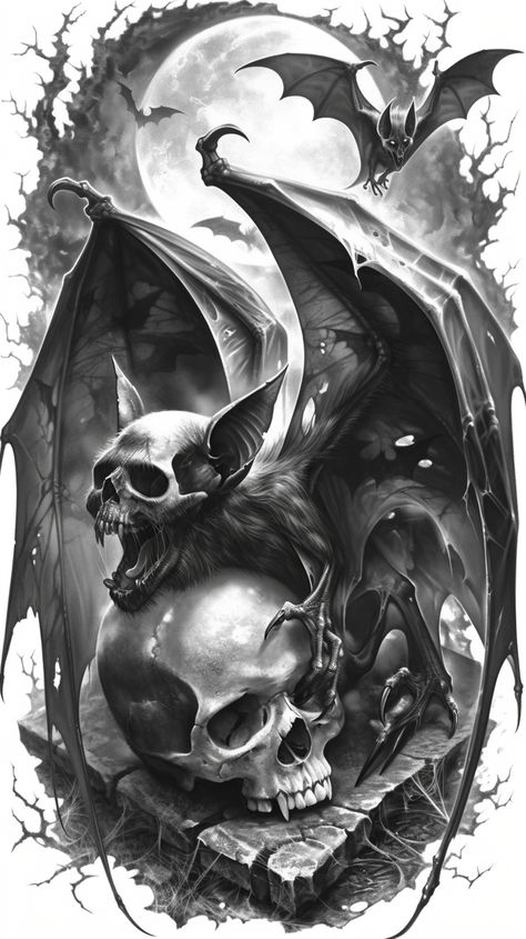 Skull And Forest Tattoo Design, Evil Bat Tattoo, Bat Skull Tattoo Design, Dementor Tattoo Design, Steampunk Skull Tattoo, Dark Tattoos For Men Creepy, Tattoo Dark Gothic, Gothic Bat Tattoo, Dark Style Tattoo