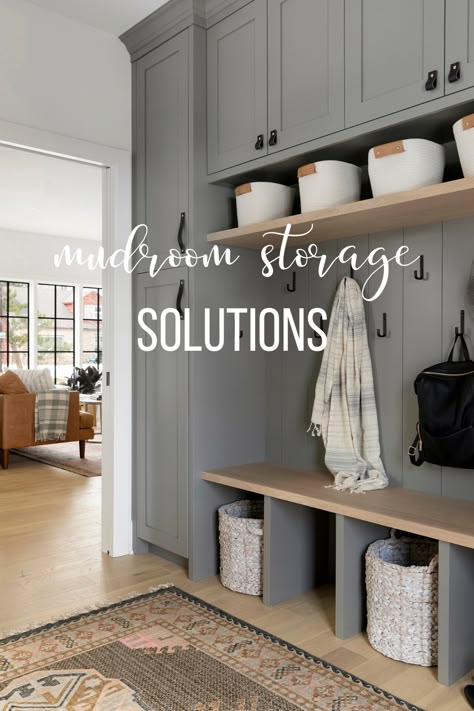 Storage Closet In Living Room, Mudroom Ideas With Cabinets, Colored Mudroom Cabinets, Back Door Entry Storage, Mudroom Hardware Ideas, Entry Built In Storage, Cubby Storage Entryway, Mud Room Hanging Storage, Farm Mudroom Farmhouse