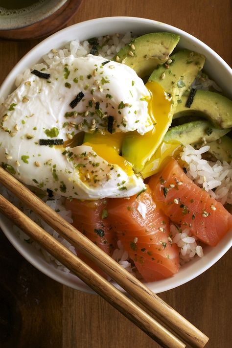 Salmon Rice Bowl | Set the Table Menu Sarapan Sehat, Salmon Sashimi, Mapo Tofu, God Mat, Rice Bowl, Chopsticks, Pretty Food, A Bowl, Aesthetic Food