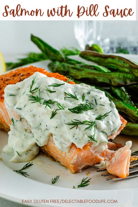 Creamy Sour Cream Dill Sauce on Salmon Baked Salmon With Dill Sauce, Salmon With Creamy Dill Sauce, Moist Salmon, Dill Salmon Recipes, Salmon Capers, Dill Cream Sauce, Yogurt Dill Sauce, Dill Sauce For Salmon, Salmon Recipes Baked Healthy