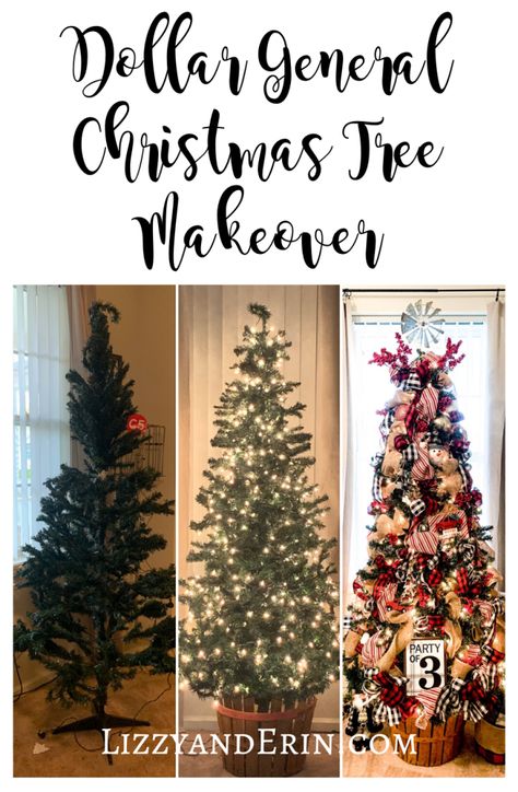 Dollar General Christmas Tree Makeover – Lizzy & Erin Christmas Tree Makeover, Dollar General Christmas, Dollar Tree Christmas Tree, Christmas Tree Ribbon Garland, Garland Ribbon, Christmas Tree Decorations Ideas, Burlap Christmas Tree, Tree Decorations Ideas, Diy Christmas Garland