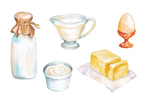 Vector watercolor set with food ingredie... | Premium Vector #Freepik #vector #dairy-product #milk-products #dairy-products #dairy Dairy Products Drawing, Baking Watercolor, Dairy Drawing, Electronic Illustration, Dairy Art, Milk Illustration, Milk Drawing, Dnd Food, Diy Recipe Binder