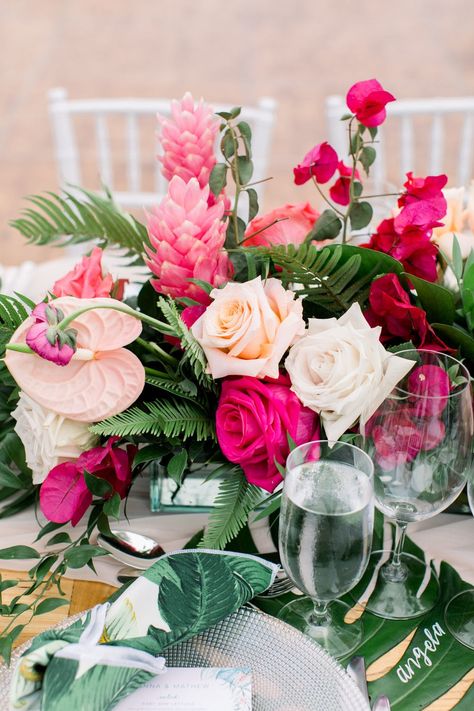 Pink Tropical Wedding Flowers, Red And Pink Tropical Wedding, Spring Tropical Wedding, Tropical Flower Centerpieces Wedding, Hot Pink Beach Wedding, Tropical Pink Wedding, Tropical Wedding Theme Elegant, Tropical Wedding Flowers Centerpieces, Hot Pink Wedding Theme