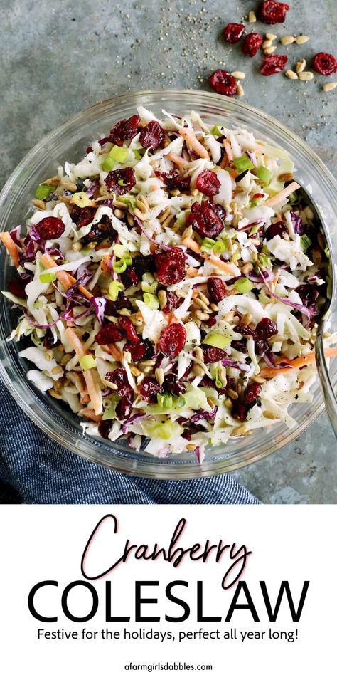 This Cranberry Coleslaw is a festive fresh side dish that's perfect for the holidays or absolutely any time of year. With dried cranberries and sunflower kernels, plus a lightly creamy dressing that's tangy from red wine vinegar, it's one of the very best coleslaw recipes out there! Cranberry Coleslaw, Healthy Holiday Side Dishes, Maple Syrup Recipe, Best Coleslaw Recipe, Coleslaw Recipe Easy, Coleslaw Salad, Holiday Side Dish, Cranberry Salad, Holiday Side