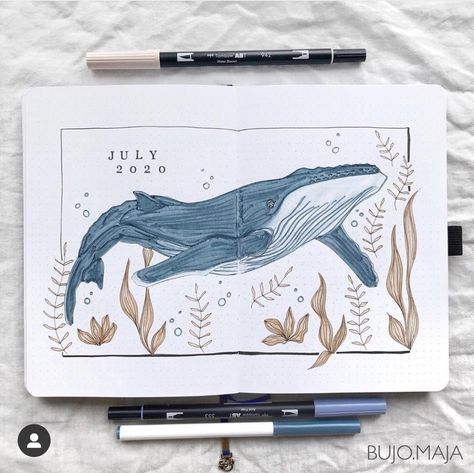 Journal Art Ideas, Blue Whale Drawing, Whale Drawing, Whale Theme, Bullet Journal Monthly Spread, Bujo Ideas, Whale Art, Watercolor Journal, Bullet Journal Themes