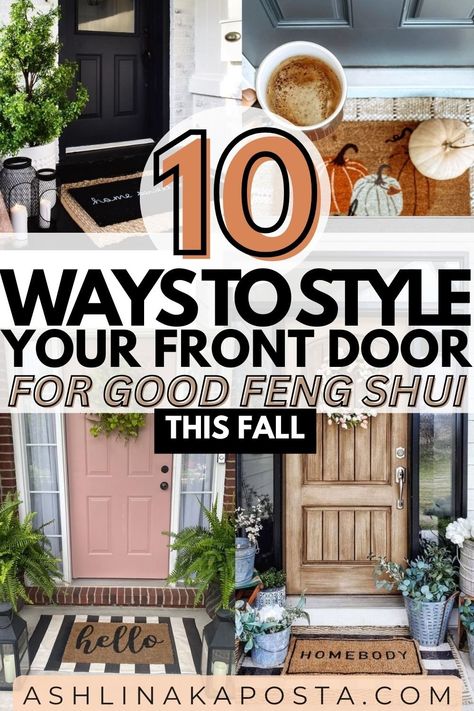 Feng Shui: 10 Fall Front Door Welcome Mat ideas that will bring in good energy — ASHLINA KAPOSTA Simple Fall Front Door Decor, Outside Entrance Decor, Front Door Decoration Ideas, Front Door Mats Layered, Outside Front Door Entryway Ideas, Apartment Front Door Decor Entrance, Front Door Rugs Outdoor, Apartment Door Decor Entrance, Front Door Styling