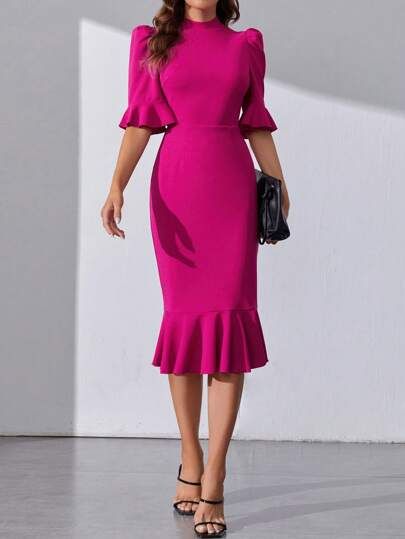 Fushia Pink Outfit, Simple Dress, Pink Outfit, Hem Dress, Simple Dresses, Dress P, Half Sleeves, Mock Neck, Puff Sleeve