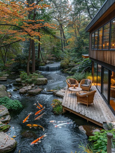 Top View of Small Garden with Wooden Deck and Koi Pond Koi Carp Pond, Small Garden Features, Pond With Koi Fish, Red Maple Tree, Outdoor Ponds, Water Body, Wooden Deck, Japan Garden, Outdoor Bath