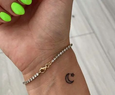 Turkish Moon And Star Tattoo, Small Moon Hand Tattoo, Moon N Stars Tattoo, Crescent Moon Star Tattoo, Moon And Stars Tattoo Wrist, Stars And The Moon Tattoo, Moon And Starts Tattoo Small, Moon And 2 Stars Tattoo, Moon And Star Wrist Tattoo