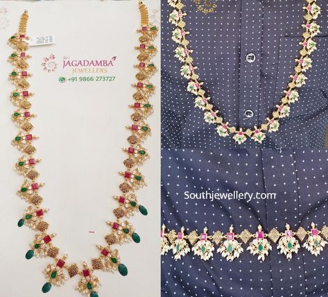 22k gold 2 in 1 waist chain plus haram adorned with rubies, emeralds, uncut diamonds and pearls by Jagadamba jewellers. 2 In 1 Haram And Vaddanam, Pusala Haram, Jagadamba Jewellers, Haram Designs, Temple Jewelry Necklace, Long Haram, Gold Temple Jewellery, Diamonds And Pearls, Gold Necklace Indian