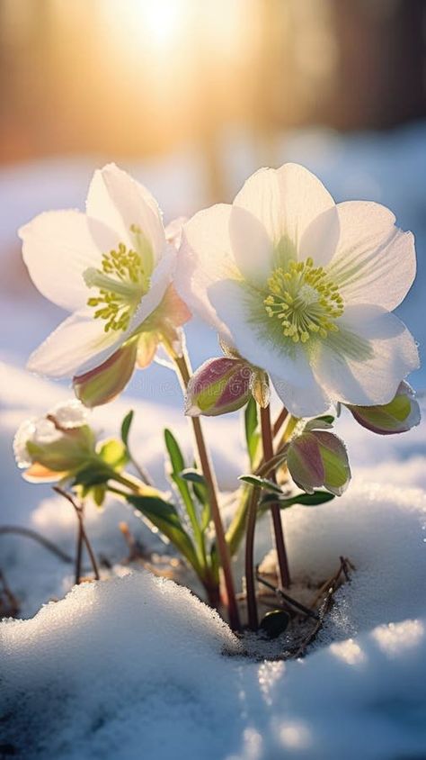 A couple of white flowers that are in the snow, beautiful winter hellebores. stock photography Winter Flowers Aesthetic, Winter Nature Aesthetic, February Photography, Flowers In Snow, January Flowers, Winter Botanicals, Hellebore Flowers, Winter Flowers Garden, Hellebore Flower