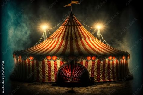 red white circus tent in the dark with lights Stock Illustration Dark Exhibition, Circus Tent Illustration, Scary Circus, Outdoor Music Festival, Logo Design Coffee, Creepy Circus, Circus Aesthetic, Dark Circus, Men Tattoos Arm Sleeve