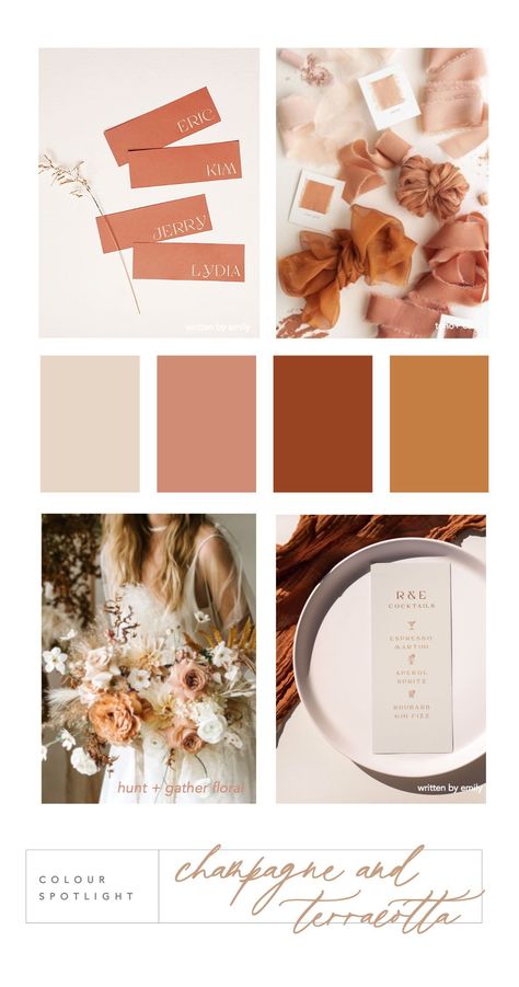 Champagne And Terracotta Wedding, Terracotta Wedding Colors, February Wedding Colors, Wedding Theme Color Schemes, Champagne Wedding Colors, Rusting Wedding, Wedding Color Pallet, Autumnal Wedding, Wedding Motifs