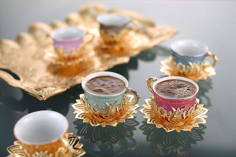 LaModaHome Golden White Coffee Set of 6 with a Tray #turkishcoffee Moroccan Tea Set, Turkish Tulip, Cafe Gold, Moroccan Tea, Turkish Coffee Set, Turkish Coffee Cups, Valentines Gift Guide, Coffee Tray, Gold Cup