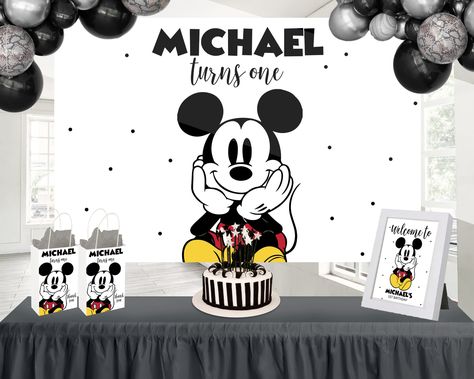 Black And White Mickey Mouse Party, Mickey Mouse Backdrop, Black And White Mickey Mouse, Mickey Birthday, Mickey Mouse Party, Birthday Backdrop, Some Text, White Party, Types Of Printer