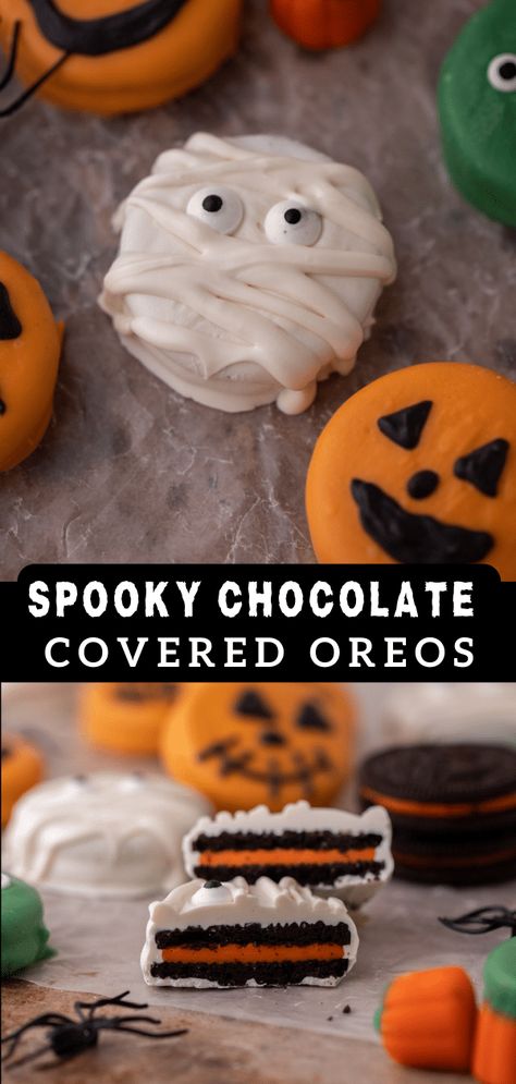 These Spooky Halloween chocolate covered Oreos are a fun treat to make for this Halloween season! Spider Oreos Halloween, Halloween Chocolate Covered Oreos, Halloween Oreos, Candy Eyeballs, Halloween Sprinkles, Orange Candy, Chocolate Covered Treats, Oreo Recipes, Covered Oreos