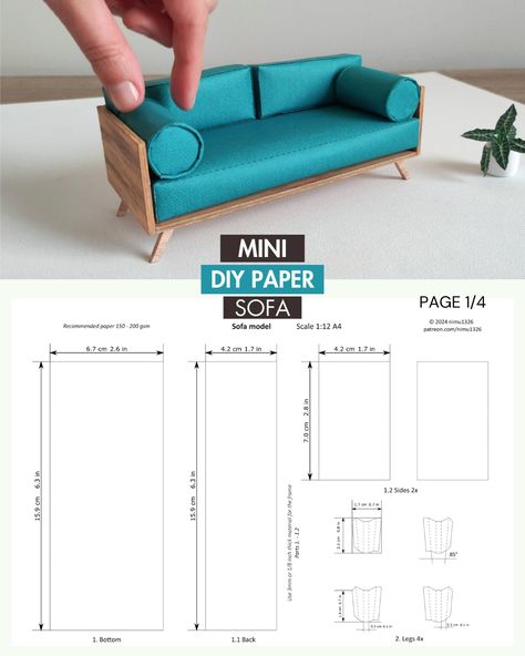 1/12 scale diy dollhouse sofa model made with printable paper templates. You can watch the video tutorial and download the free blank template to try out this mini model. Barbie Sofa Diy, Diy Dollhouse Sofa 1:12, Miniature Sofa Tutorial, Dollhouse Furniture Templates Free Printable, Free Printable Dollhouse, Dollhouse Furniture Plans, Tiny Sofa, Doll Furniture Tutorial, Dollhouse Furniture Tutorials