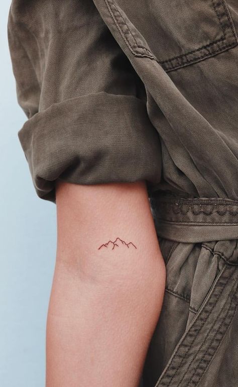 Tiny Mountain Tattoo Simple, Mini Mountain Tattoo Simple, Mountain Tattoo With Trees, Moutain Tattoos Fine Line, Colorado Themed Tattoos, Quote Wrist Tattoo, Tattoos Of Mountains, Little Mountain Tattoo, Mountain Fine Line Tattoo