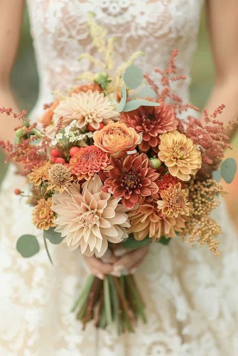 Autumn Bliss: 22 Gorgeous Fall Wedding Bouquets • Woodland Bouquet Bridal, Fall Wedding Colors Bouquets, Fall Wedding Flowers Dahlias, Fall Flower Bridal Bouquet, Simple Rustic Bridal Bouquet, Fall Theme Wedding Bouquet, Artificial Fall Wedding Bouquets, Bouquet Wedding Autumn, Fall Garden Wedding Bouquet