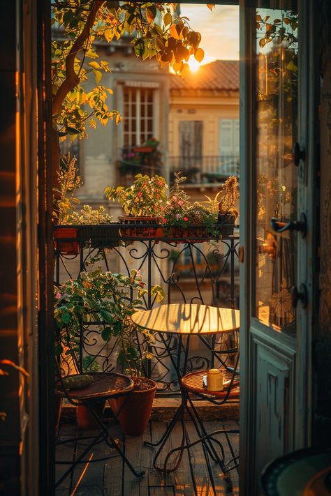 Cozy sunset on a small balcony adorned with lush plants and a wrought iron table, embodying small balcony design ideas. French Doors To Balcony, City Balcony Ideas, French Balcony Ideas, Tiny Balcony Ideas, Bedroom Addition Ideas, London Balcony, Paris Apartment Aesthetic, Mediterranean Terrace, Aesthetic Balcony