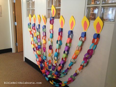 Paper Chain Menorah, made by kids – Bible Belt Balabusta Hanukkah Preschool, Hannukah Crafts, Diwali Crafts, Hanukkah Activites, Kids Festival, Hanukkah Art, Hanukkah For Kids, Jewish Crafts, Hanukkah Crafts