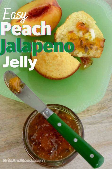 Peach Jelly Recipe Canning, Peach Pepper Jelly Recipe, Peach Pepper Jelly, Peach Jalapeno Jam, Jalapeno Jelly Recipes, Pepper Jelly Recipe, Pepper Jelly Recipes, Peach Jam Recipe, Jalapeno Jelly