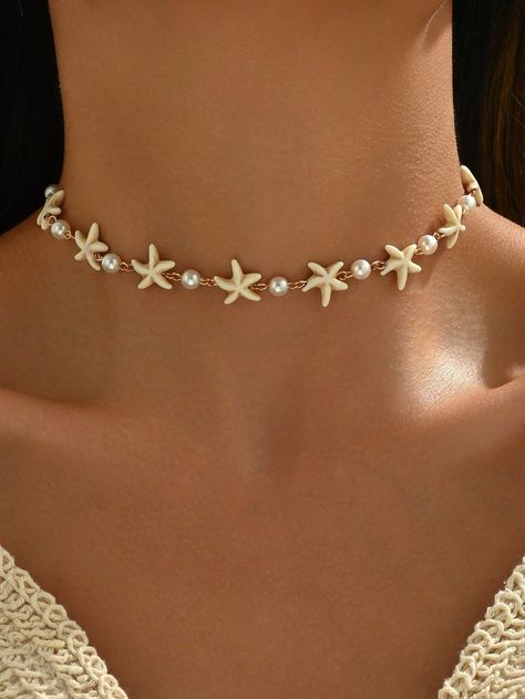 1pc Handmade White Starfish & Faux Pearl Necklace, Minimalist Ocean-Inspired Trendy Jewelry For Women, Suited For Daily, Beach, And Party Wear  Fashionable   Stone     Women Fashion Jewelry, size features are:Bust: ,Length: ,Sleeve Length: Preppy Accessories, Beaded Crafts, Ocean Inspired, Necklace Minimalist, Faux Pearl Necklace, Watches Women Fashion, Ocean Inspiration, Dream Jewelry, Kids Jewelry