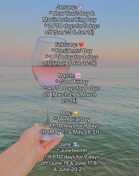 Maximize Your PTO In 2024 ✈️ 🌴 Ready to make the most out of your vacation days in 2024? Check your work calendar and get ready to plan some epic adventures! Here's how to maximize your PTO: ✈️ Combine holidays with weekends for extended breaks. 🗓️ Take note of national public holidays in the U.S. 📅 Strategically plan time off around long weekends and major holidays. #pto #paidtimeoff Maximize Days Off 2024, Vacation Calendar, 4 Day Weekend, Work Calendar, Paid Time Off, Holiday Schedule, Us Holidays, Vacation Days, Take Note
