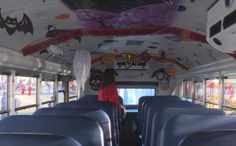 Bus driver treats kids to festive bus every Halloween Haunted Bus Ideas, Bus Decorating Ideas, School Bus Decoration Ideas, Bus Decorations, Halloween Ceiling, Bus Decor, Halloween Decorations Inside, Bus Ideas, Inside Decor