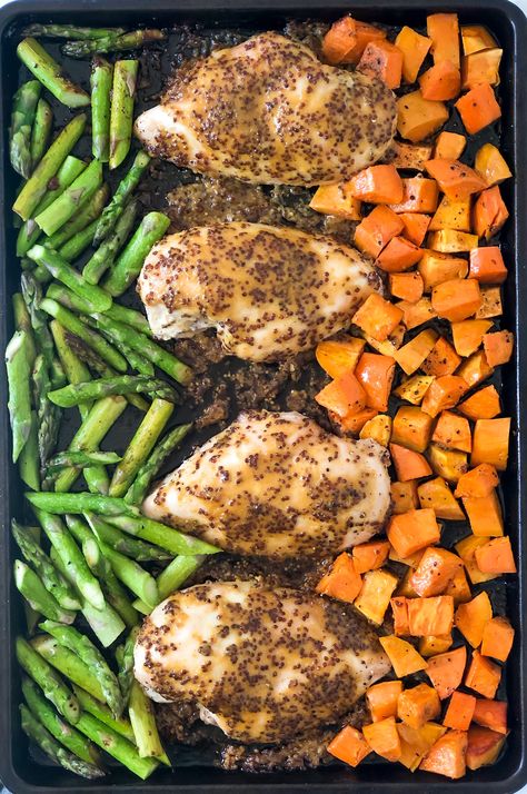 Sheet Pan Honey Mustard Chicken With Sweet Potatoes And Asparagus - Fetty's Food Blog Sweet Potatoes And Asparagus, Chicken With Sweet Potatoes, Sweet Potato Green Beans, Honey Mustard Chicken Recipes, Potatoes And Asparagus, Sheet Pan Meals Chicken, Mustard Chicken Recipes, Chicken Green Beans, Sheet Pan Dinners Chicken