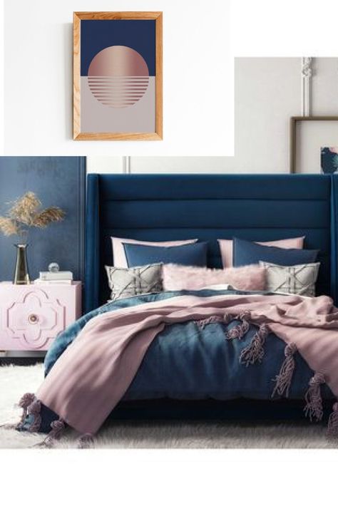 Blue And Pink Bedroom, Blue And Gold Bedroom, Rose Gold Bedroom, Navy Bedrooms, Navy Blue Bedrooms, Gold Bedroom Decor, Silver Bedroom, Garden Retreat, Blue Bedroom Decor