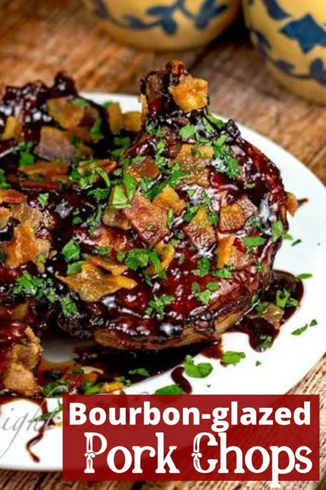 Fancy Family Dinner, Pork Chops Easy, Weeknight Family Dinner, Glazed Pork Chops Recipes, Family Dinner Recipe, Low Carb Pork, Pork Recipes For Dinner, Easy Family Dinner, Bourbon Glaze