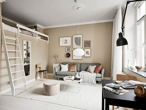 Tour a Tiny One-Room Apartment Making a Case for Small Space Living Paint 2023, One Room Apartment, Grey Couch Living Room, Small Studio Apartments, Small Space Living Room, 아파트 인테리어, Space Interiors, Beige Walls, Trendy Home