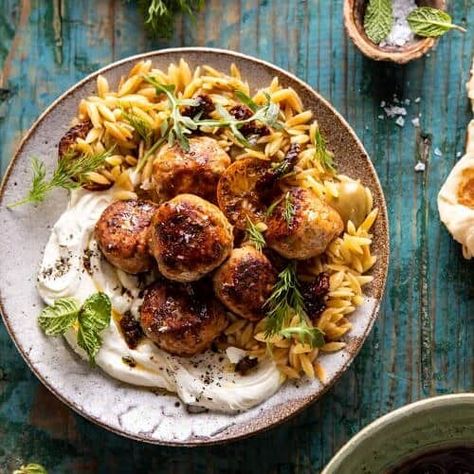 Half Baked Harvest Greek, Lemon Butter Orzo, Butter Orzo, Half Baked Harvest Recipes, Greek Meatballs, Whipped Feta, Idee Pasto, One Skillet, Harvest Recipes