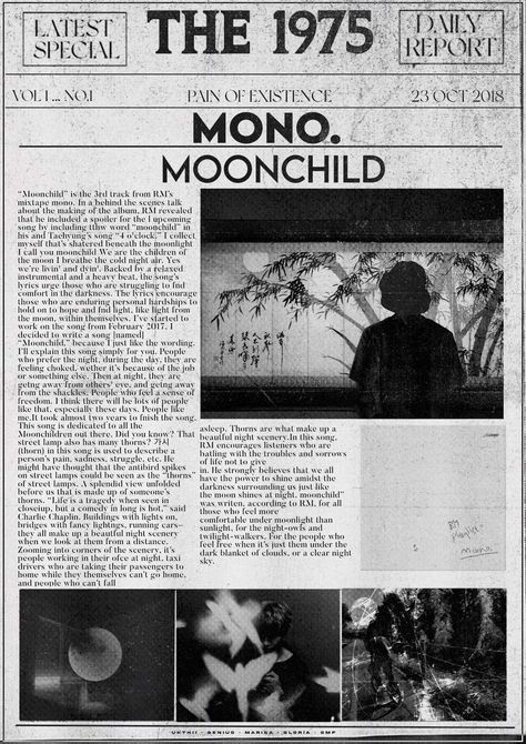 Moonchild Rm Aesthetic, Kpop Newspaper, Poster Prints Aesthetic Black And White, Rm Poster, Bts Collage, Bts Poster, Newspaper Poster, Monochrome Wall, Lyric Poster