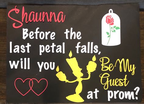 Disney Hoco Posters, Beauty And The Beast Hoco Proposals, Beauty And The Beast Promposal, Beauty And The Beast Homecoming, Disney Promposal Ideas, Princess And The Frog Hoco Proposal, Disney Promposal, Belle Prom Dress, Disney Homecoming