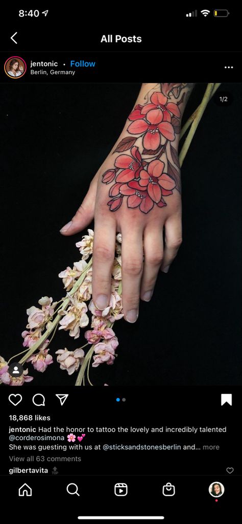 Cherry Blossom Hand Tattoo, Flower Hand Tattoo, Sakura Tattoo, Cherry Blossom Branch, Tattoo Graphic, Sakura Flower, Body Modification, Design Drawings, Hand Tattoo