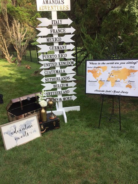 Graduation Party Seating, Party Seating Chart, Reception Poster, Graduation Party Backdrops, Backyard Graduation Party, Gold World Map, Moms 50th Birthday, Senior Graduation Party, Party Seating