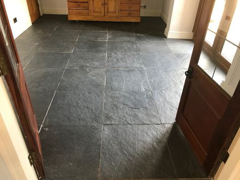 Black Slate Floor Living Room, Black Stone Floor, Slate Floor Kitchen, Black Slate Floor, Black Slate Tiles, Slate Floors, Slate Floor, Slate Tile Floor, Neutral Tile