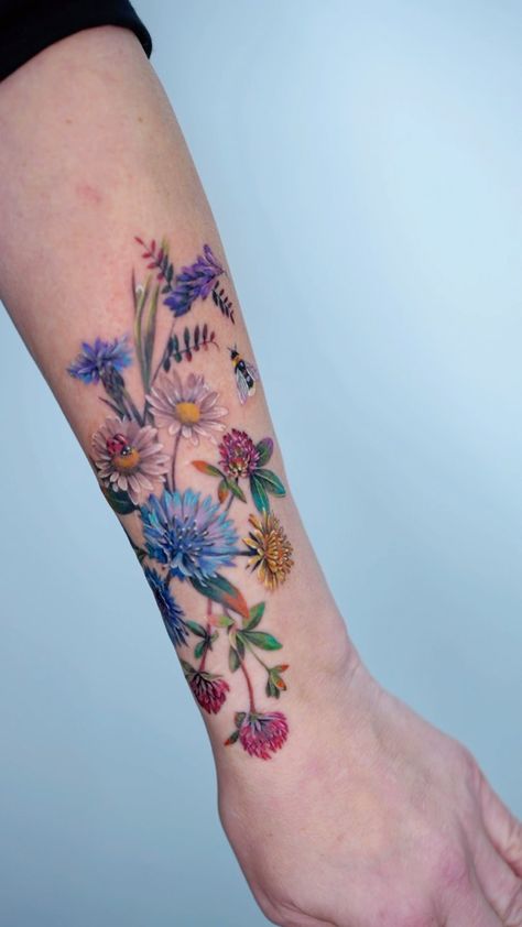 Nonlee (@non_lee_ink) • Instagram photos and videos Floral Arm Tattoo Color, Coloured Flower Tattoo, Color Tatoos, Spring Tattoos, Arm Tattoos Color, Colourful Tattoo, Tattoo Bunt, 2023 Tattoo, Colour Tattoo For Women