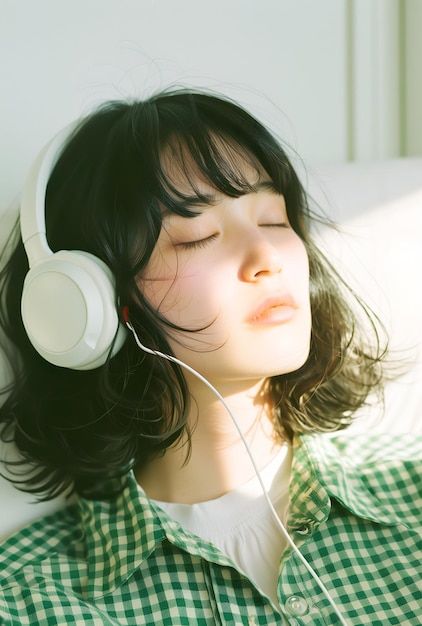 A woman listening to music with a headset on Girl Wearing Headphones, Artist Anatomy, Big Headphones, Woman Listening To Music, Wearing Headphone, Oc Drawing, Girl With Headphones, Pose References, Face Photography