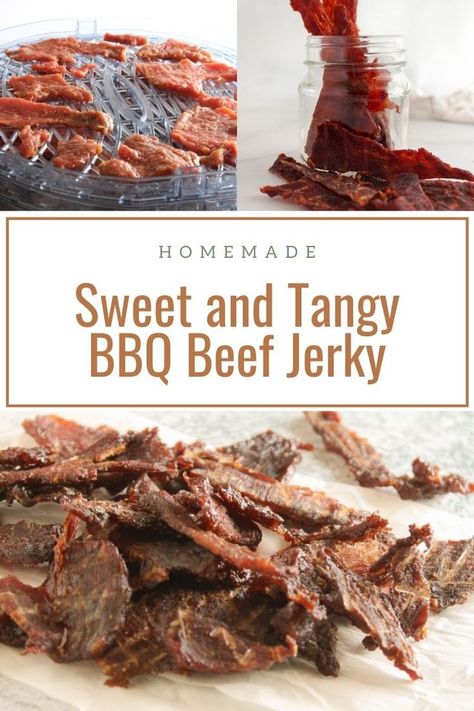 Sweet and Tangy BBQ Beef Jerky in a glass jar Sweet Beef Jerky Recipe, Homemade Teriyaki Beef Jerky, Dehydrator Beef Jerky, Easy Beef Jerky, Teriyaki Beef Jerky Recipe, Jerky Marinade Recipes, Beef Jerky Marinade, Beef Jerky Recipe Dehydrator, Homemade Beef Jerky Recipe