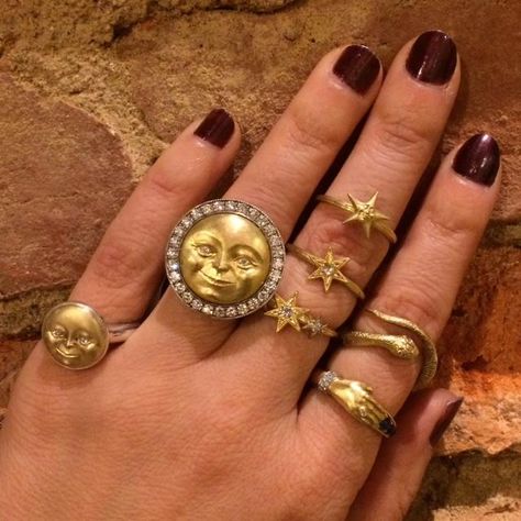 Moon and star rings by Anthony Lent Anthony Lent Rings, Jewelry Collection Aesthetic, Whimsigoth Jewelry, Anthony Lent, Star Rings, Clay Rings, Dope Jewelry, Funky Jewelry, Jewelry Lookbook