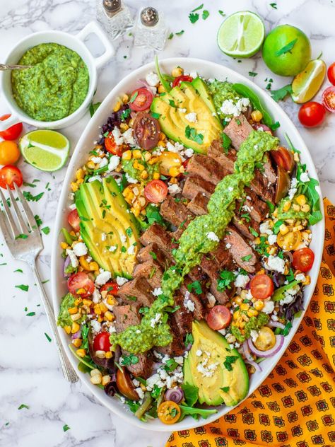 Grilled Flank Steak Salad with Corn (video) - Tatyanas Everyday Food Steak Salad Recipes, Corn Video, Flank Steak Salad, Steak Salad Recipe, Grilled Steak Salad, Corn Avocado, Grilled Flank Steak, Healthy Grilling Recipes, Best Pasta Salad