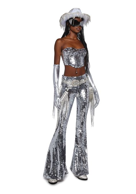 cuz groove to that shattered glass! This top has a stretchy sequin construction, structured boning, adjustable and detachable shoulder straps included, a cropped fit, and a back zipper closure. Storm Fashion, Sequin Flare Pants, Dance Competition Dress, Rave Babe, Rave Costumes, Space Fashion, Space Outfit, Outfits Rave, Checked Blouse