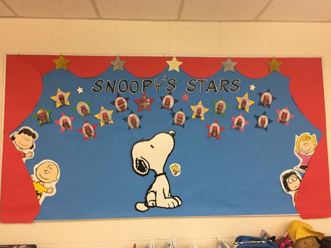 Snoopy themed classroom bulletin board. Snoopy's Stars Snoopy Classroom Door, Snoopy Classroom Decorations, Charlie Brown Classroom Theme, Snoopy Themed Classroom, Peanuts Classroom Theme, Snoopy Classroom Theme, Snoopy Bulletin Board Ideas, Peanuts Gang Classroom, Charlie Brown Classroom