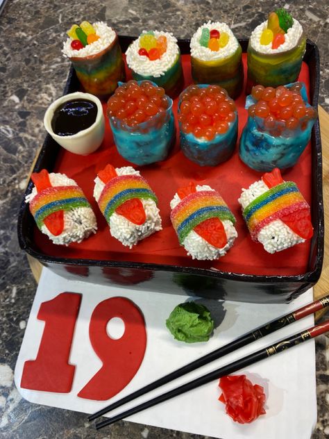 Sushi Themed Cake, Sushi Cupcakes, Sushi Dessert, Candy Sushi, Ninth Birthday, Sushi Cake, Fancy Desserts, Cake Chocolate, Themed Cakes